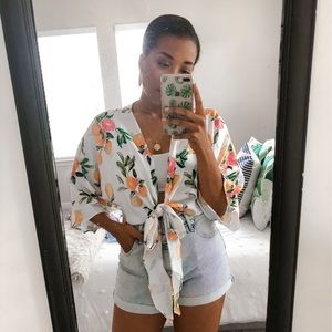 Fruit print tie front cropped shirt